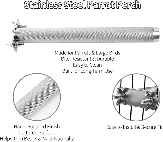 AOTU Large Bird Perch Stainless Steel Parrot Perches Bird Stand for Cage Durable Beak & Claw Trimming Grinding Perch for Birds Parrot Cage Accessory (S: 7.8″ x 1″)