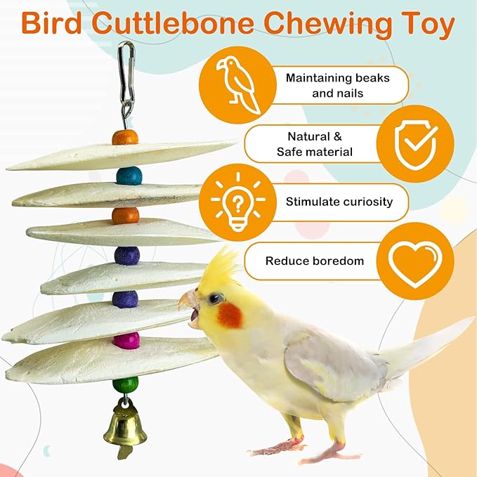3 Pack Bird Chewing Toy Cuttlebone Parrot Toy with Bell Hanging Bird Beak Grinding Stone Parakeet Cage Accessories for Small & Medium Budgies Lovebirds Cockatiels (Flake, 6 Per Skewer)