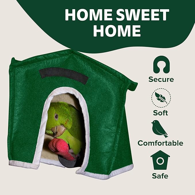 Crazy K Farm - Avian Haven Bird Hut, Comfy Bird Snuggle Hut, Plush Pet Bird Hut for Sleeping and Snuggling, Hanging Bird Cage Hut with Sherpa, Cozy Bird Cage Accessories Small, Green