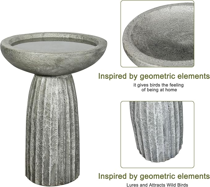 SKYFIRE 24.4" Pedestal Bird Bath for Outdoor, Geometric Fluted Concrete Birdbath with Tree Trunk Decor, Durable Fibre Reinforced Birdbath for Garden, Patio, Lawn & Backyard