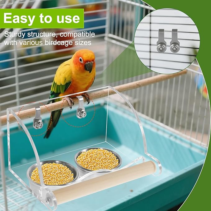 Bird Feeder for Cage,Transparent Parrot Feeder with Nonslip Wood Perch, Stainless Steel Birds Food Bowl Water Bowl, Bird Cage Seed Catcher for Small Medium Parakeet Cockatoos Lovebirds Budgies Conures