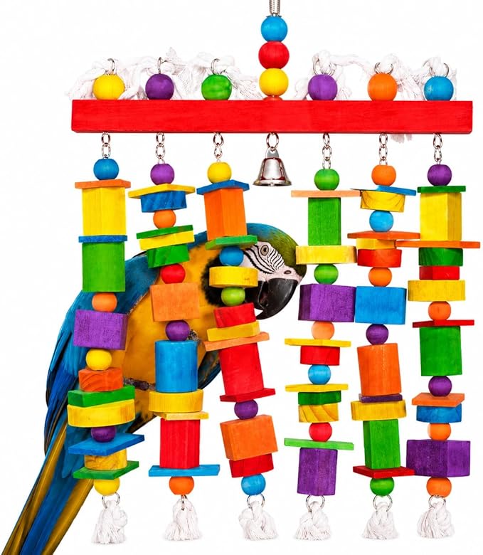 Extra Large Bird Toys for Macaws African Greys Cockatoos, 21.6" x 13" Heavy Duty Parrot Chewing Toy with Durable Stainless Steel Chain & Natural Wood Blocks, Large Bird Cage Accessories with Bell