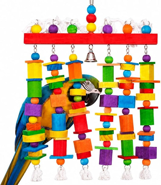 Extra Large Bird Toys for Macaws African Greys Cockatoos, 21.6" x 13" Heavy Duty Parrot Chewing Toy with Durable Stainless Steel Chain & Natural Wood Blocks, Large Bird Cage Accessories with Bell