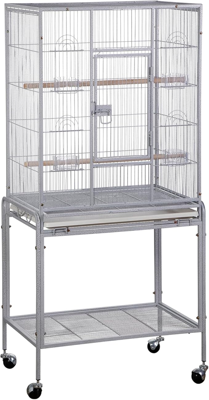 Nova Microdermabrasion 53-Inch Rolling Bird Cage, Wrought Iron Large Cage with Stand and Storage Shelf for Parrots, Cockatiels, Parakeets, and Macaws (White)