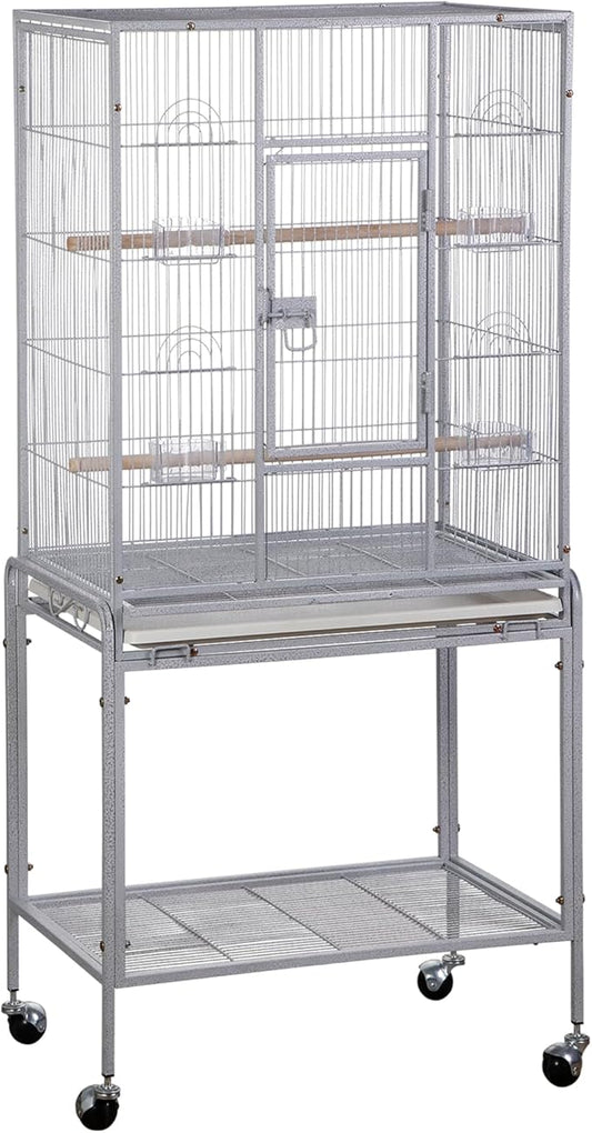 Nova Microdermabrasion 53-Inch Rolling Bird Cage, Wrought Iron Large Cage with Stand and Storage Shelf for Parrots, Cockatiels, Parakeets, and Macaws (White)