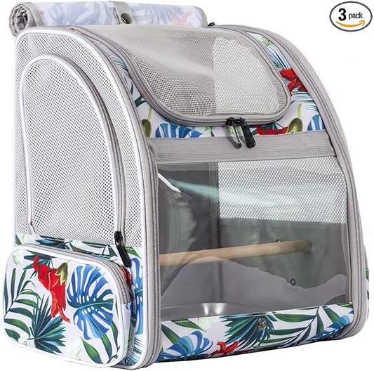 Bird Travel Carrier Backpack with Wooden Stand Perch, Small to Medium Bag to Carry Parrot Parakeet Conure Cockatiel (Multi-Colored, Bird Backpack)