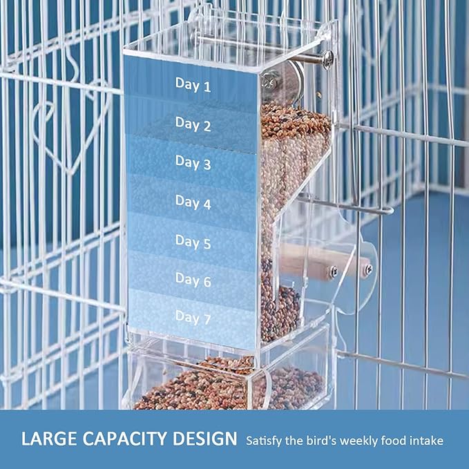 La La Pet®No Mess Automatic Bird Feeder for Cage Acrylic Bird Food Container Adjustable Bird Cage Feeder with Perch Parrot Feeding Station for Small Birds, Transparent