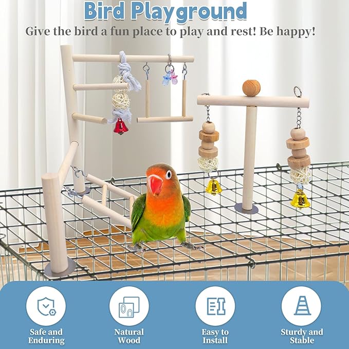 PINVNBY Bird Playground Parrot Play Gym Parakeet Cage Play Stand Wooden Perches Playpen Ladders Conure Chewing Climbing Swing Toy Birdcage Accessories for Small Cockatoo Cockatiel Lovebirds Budgie