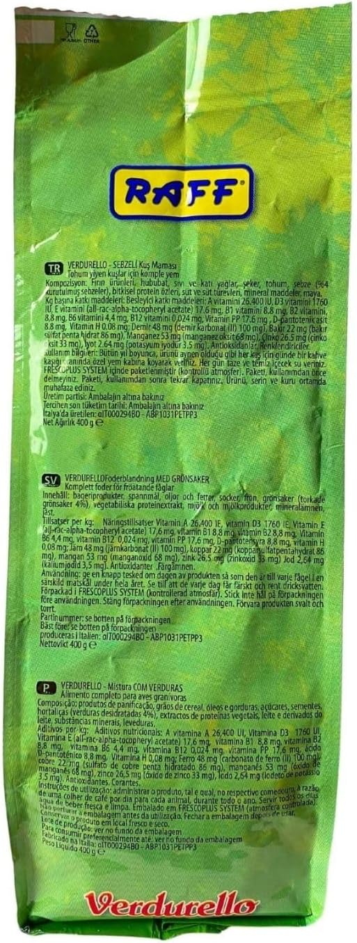 Raff Verdurello 400g - Soft Bird Food with Enriched Egg and Dehydrated Vegetables - Canary & Parakeet Food - Bird Health Supplement for Molting & Feather Growth