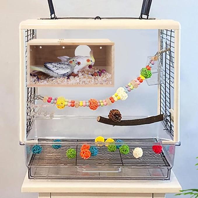 Natural Wood Nesting Box for Parakeet Birds Transparent Design Breeding Box with Perch Wood Bird Cage House for Cockatiel Lovebirds Budgie Finch Parrotlets Canary (Medium)