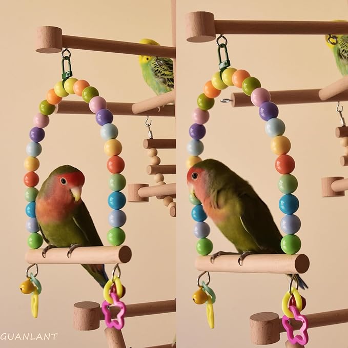 Large Bird Swing for Cage Parrot Wooden Perch Stands Cockatiel Hanging Toy with Bell Parakeet Colorful Beads Climbing Training Toys Playground Birdcage Accessories for Macaws Quaker Conures Lovebirds