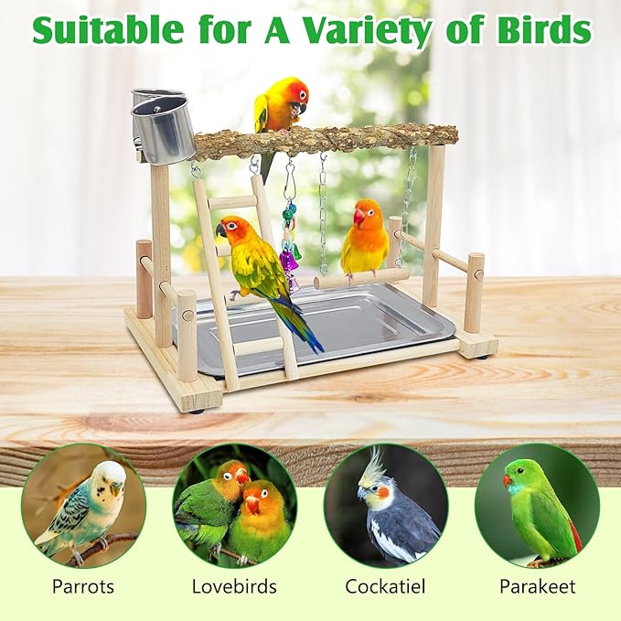 kathson Parrots Playground Bird Perch Wood Playstand Stand with Ladder Swing Feeder Cups Chew Toy for Parakeet Conure Cockatiel Budgie Lovebird Finch Small Birds