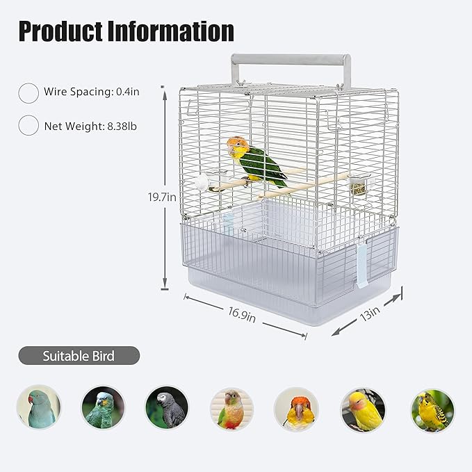 Stainless Steel Travel Bird Cage, 304 Portable Foldable Carrier for Parrots, Conures, Cockatiels, Parakeets – 17 Inch Large Birdcage with Aluminum Handle & Perch(Blue, Large Birdcage)