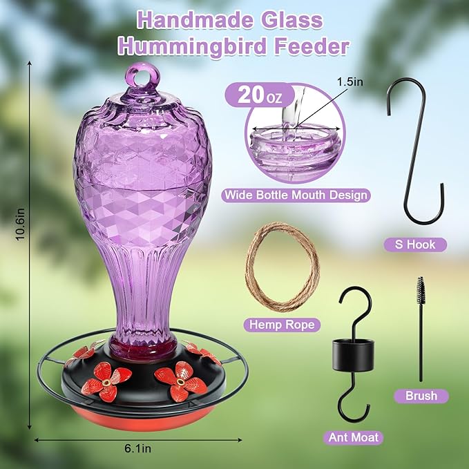 20 oz Hand-Blown Glass Hummingbird Feeder, Hanging Hot Air Balloon Design, Leak-Proof Silicone Seal, Ant-Proof, Outdoor Garden Decor Gift for Mom, Purple