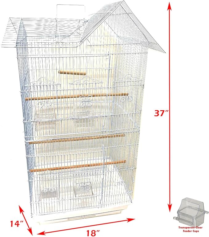 37-Inch Large Portable Double Roof Top Hanging Flight Breeding Bird Cage Play Toy Ladder For Small Parrot Cockatiel Sun Quaker Parakeet Green Cheek Conure Finch Canary Budgie Lovebird Travel Bird Cage
