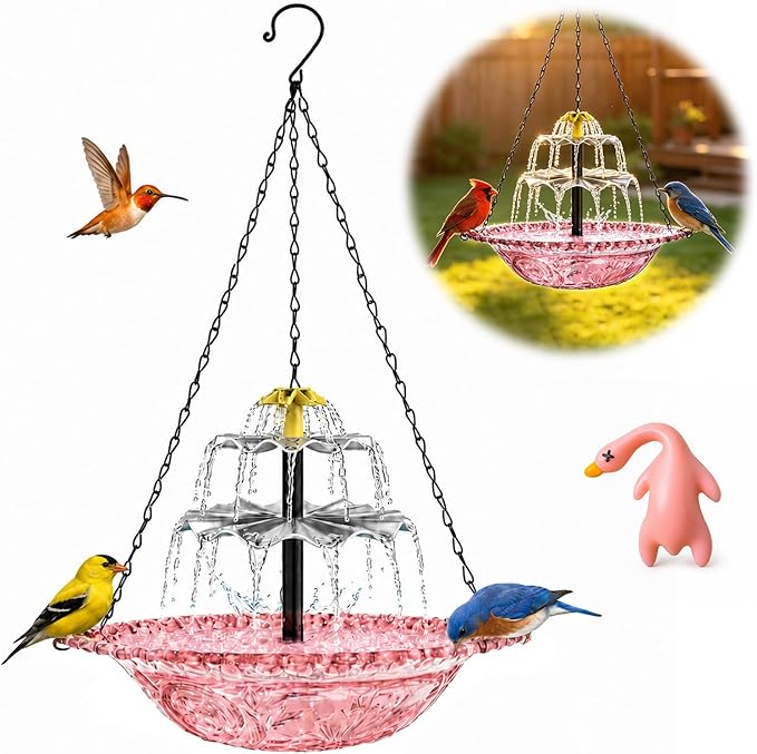 Solar Cascade Hanging Bird Bath Fountain, Large Plastic Bowl with Hanging Chain for Outside Garden Patio and Yard Decor (Pink)