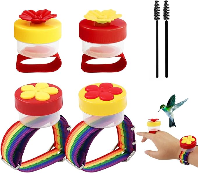 4 PCS Hummingbird Ring Feeder, Hand Held Hummingbird Feeders Hummingbirds Wrist Feeder with Adjustable Strap and 2 Cleaning Brush Mini Hand Feeding Tools for Outdoors Window (Colorful)