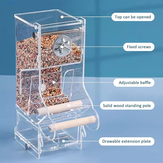 La La Pet®No Mess Automatic Bird Feeder for Cage Acrylic Bird Food Container Adjustable Bird Cage Feeder with Perch Parrot Feeding Station for Small Birds, Transparent