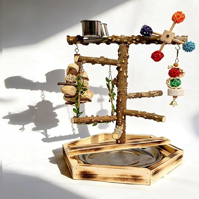 Natural Pepper Wood Bird Play Stand with Stainless Steel Bowls, Handmade Parrot Perch Gym with Chewing Toys & Bell, Tabletop Training Stand for Small to Medium Birds