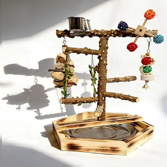 Natural Pepper Wood Bird Play Stand with Stainless Steel Bowls, Handmade Parrot Perch Gym with Chewing Toys & Bell, Tabletop Training Stand for Small to Medium Birds