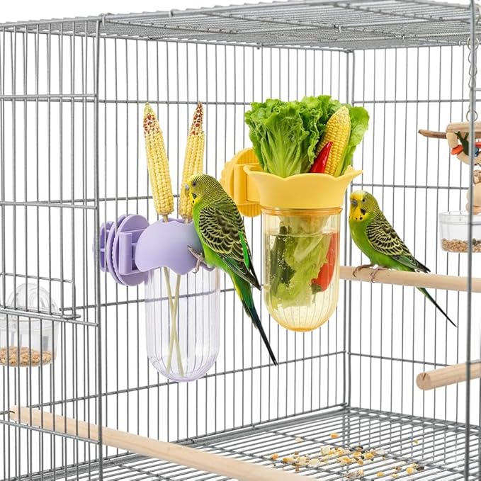 2 Pcs Bird Cage Feeder for Vegetable, Reusable Parrot Veggies Holder Bird Feeder for Cage, No Spill Feeders for Parrots, No Mess Hanging Containers for Cage(Color:Yellow+Purple)