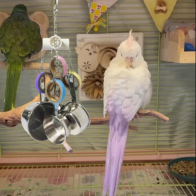 LWINGFLYER Stainless Steel Parrot Toys, Pullable Stainless Steel Cup and Cardboard Ring Toys Hanging Chew Bird Toys for Large Parrots，African Grey, Amazon Parrots