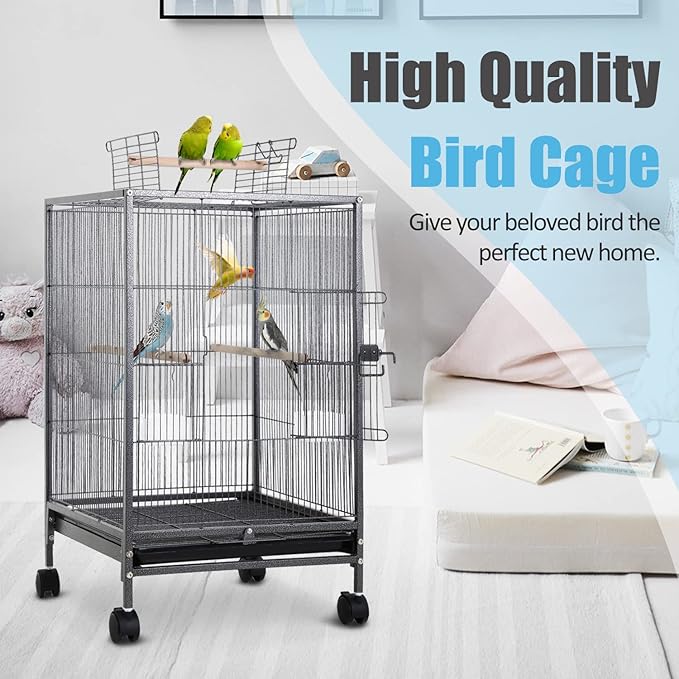 Bird Cage 35 Inch Wrought Iron Birdcages Play Top Flight King Bird Cage for Parakeets Cockatiels Parrot Green Cheek Conures Pigeons Lovebird with Rolling Stand