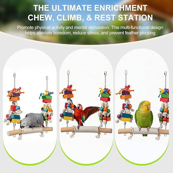 4lb Heavy Duty Bird Toys for Large Parrots - 21.6" Giant Refillable Parrot Toy Swing for Macaws & Cockatoos, Large Natural Wooden Block Chew & Shredding Toy,Beak Health
