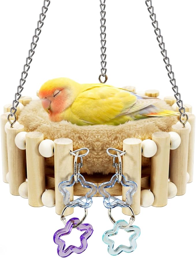 Wooden Bird Nest Bed, Pure Kiln-Dried Wood with Detachable Cotton Pad for All Seasons Comfort, Parakeet Bed with Play Toys, Open Breathable Sleeping Hammock for Small Birds Lovebirds, Finch, Canary