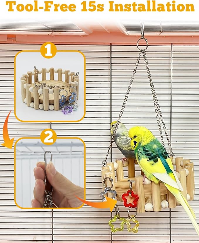 Wooden Bird Nest Bed, Pure Kiln-Dried Wood with Detachable Cotton Pad for All Seasons Comfort, Parakeet Bed with Play Toys, Open Breathable Sleeping Hammock for Small Birds Lovebirds, Finch, Canary