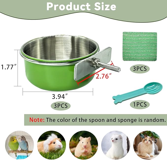 Kathson 2Pcs Stainless Steel Bird Bowls, Parakeet Food Dish Parrot Cage Feeder with Clamp Holder Small Bird Feeding Cup Pet Bird Feeder for Parakeet Cockatiels Conure Budgies Chinchilla Small Animal