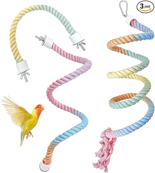BNOSDM 3 Pcs Bird Rope Perches Gradient Colorful Bendable Climbing Rope Ladders Swings Toy Parakeet Cage Accessories for Parrots, Budgies, Cockatiels, Conures, Lovebirds