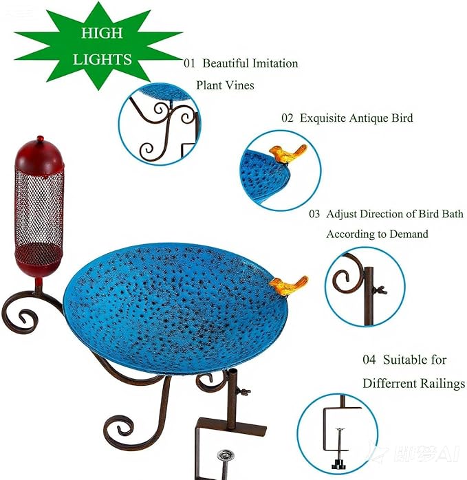 Metal Deck Mounted Bird Bath, 12" Beck Railing, Balcony Bird Bath for Outdoor, Garden, Patio, Antique Blue Green