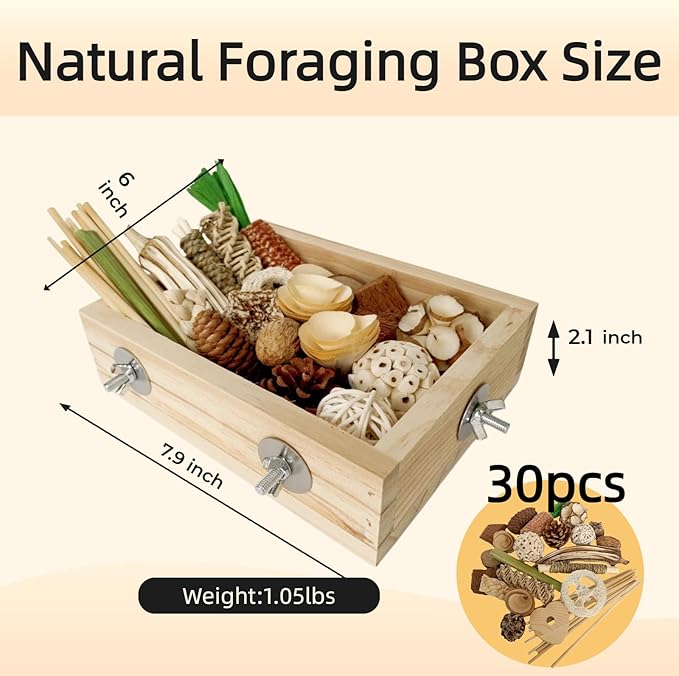 Wooden Foraging Box for Cage with 30PCS Natural Foraging & Chew Parrot Toy for Parakeets, Cockatiels, Conures & Lovebirds and Other Small to Medium Birds