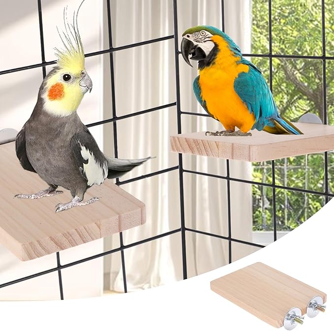 2PCS Bird Perch Platform Flat Wood Bird Platform Birds Perch Flat Stand Solid Wood Parrot Perches Platforms Natural Wooden Perches Toys Animal Climbing Platforms for Cages Parakeet Conure Finch