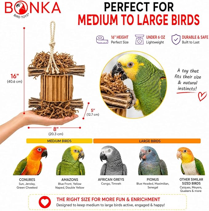 Bonka Bird Toys 3753 Natural Shreddy Eddy Medium to Large Parrot Toy Good Conure African Grey, Conures, Amazons, Small Cockatoos, and similarly Sized pet Birds for Chewy Foraging Fun.