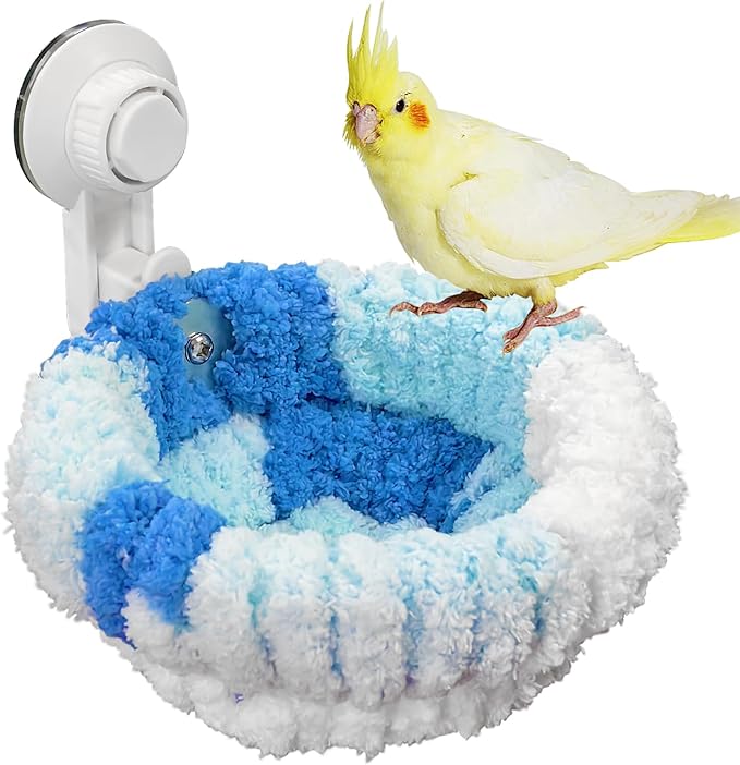 kathson kathon Window Bird Bed with Suction Cup, Winter Warm Bird Plush Nest Parrot Sleeping Bed for Budgie Lovebird Conure Quaker (Diameter 6.7in, Blue)