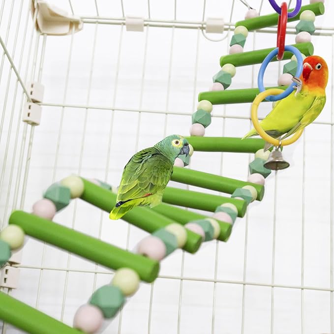 WishLotus Climbing Ladder and Five Colored Ring Bird-Toys, 2 PCS Up and Down Parrot Toys, Bird Cage Toys for Budgerigar, Red-Billed Leiothrix (Green+Pink)
