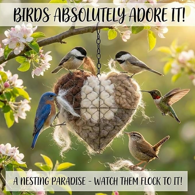 Handmade Alpaca Fiber Bird Nesting Heart, Environmental Protection &Reusable Bird Nesting Materials, Winter Fowl Gifts Animal Hummingbirds Lovers Home Garden Yard (Quantity-1ps)