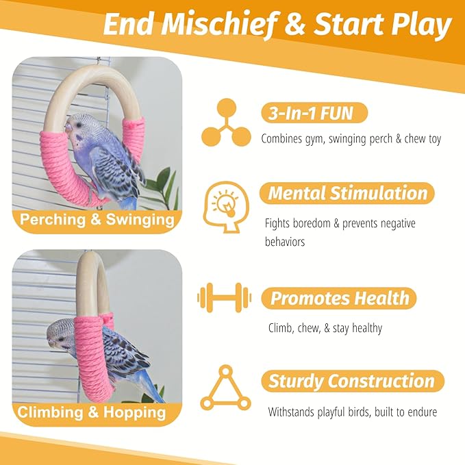 3-Ring Bird Wooden Swing Climbing Toy Chewable Cotton Rope Perch for Cage Cockatiels Budgies Parakeets Lovebirds
