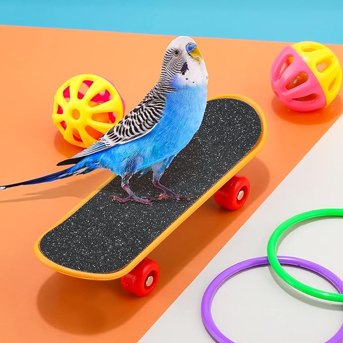 Skylety 10 Pcs Bird Training Toys Parrot Intelligence Accessories Include Bowling Basketball Toy Rings Shopping Cart Skateboard Bell Ball for Parakeet Cockatiel Macaw Parrot, Random Color