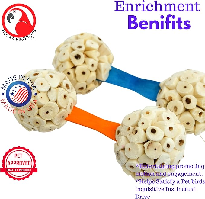 Bonka Bird Toys 2965 PK2 Natural Sola Dumbbell 4" x 1.5" Natural Wood and Sola Ball Toy for Small to Medium Birds for Chewing and Enrichment Conure Parakeet Amazon and Similar