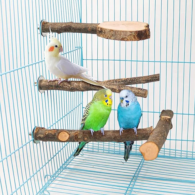 4 PCS Natural Wood Bird Perch Stand, Bird Parrot Perch Stand Set, Wooden Parrot Perch Stand Perch Platform Cage Accessories for Parrotlets Cockatiels Budgies Parakeets