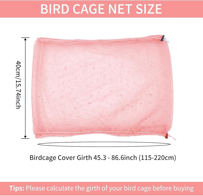 Bird Cage Seed Catcher, 45-90'' Adjustable Bird Cage Cover, Universal Nylon Bird Cage Mesh Net, Bird Cage Skirt Guard Accessories for Parrot Parakeet Macaw Round Square Cage (Pink)