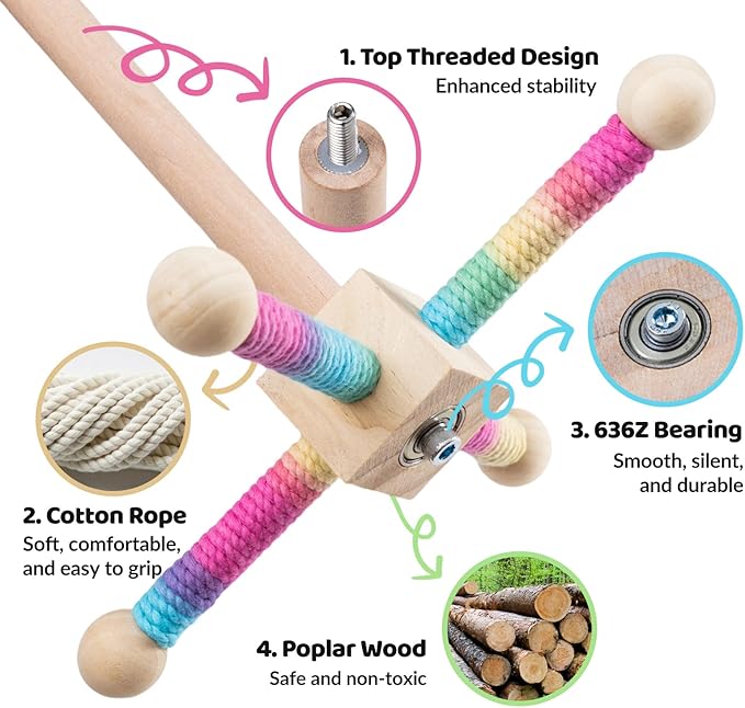 9" Hanging Bird Perch Toy for Cage, 360° Silent Free-Spin, Wooden Bird Cage Accessories, Relieve Boredom Anxiety, for Parrots, Parakeets, Cockatiels, Small to Medium Birds, with Poplar Swing