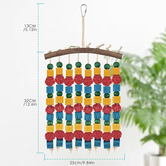 DBNESS Large Parrot Toys, 17.7 inch Multicolored Natural Wooden Blocks Beads Rattan Balls, Bird Chew and Hanging Tearing Toys for Large Medium Birds Macaws African Grey Cockatoos Amazon Parrots