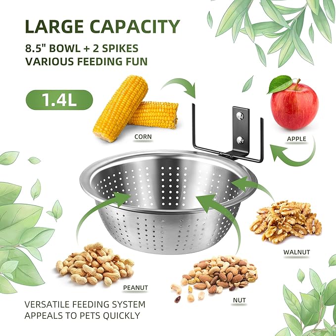 Squirrel Feeder - 1 Metal Stand + 2 Colander Bowls (8.5"/1.4L) for Replacement, 2 Corn Cob Spikes for Multi-Food, Metal Squirrel Feeders for Outside, Removable Bowl Nice to Clean/Refill