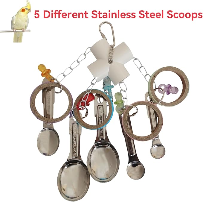 JSLZF Bird Chew Toy for Parrot Durable Scoop and Cardboard Bagel Cockatiel Stainless Steel Spoon Ring Toy Conure Cage Hanging Toy for Lovebirds, Parakeet