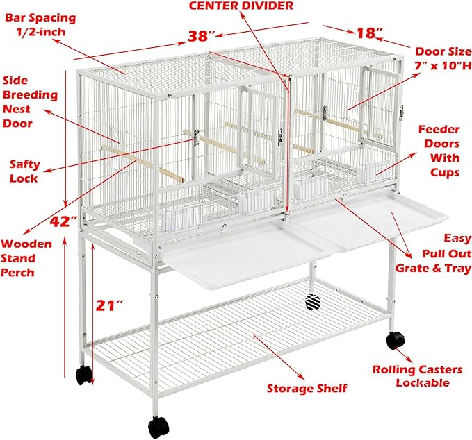 Combo Single Stacker Durable Wrought Iron Center Divided Breeder Breeding Bird Flight Double Rolling Cage for Aviaries Canaries Cockatiels Lovebirds Finches Budgies Small Parrots