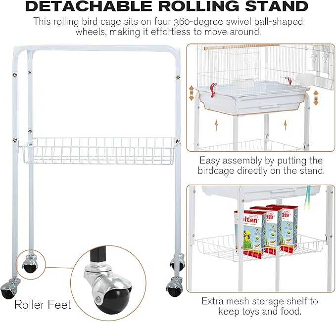 Bird Cage Parakeet Cage 64 inch Open Top Standing Parrot Cage Accessories with Rolling Stand for Medium Small Cockatiel Canary Parakeet Conure Finches Budgie Lovebirds Pet Storage Shelf (White)